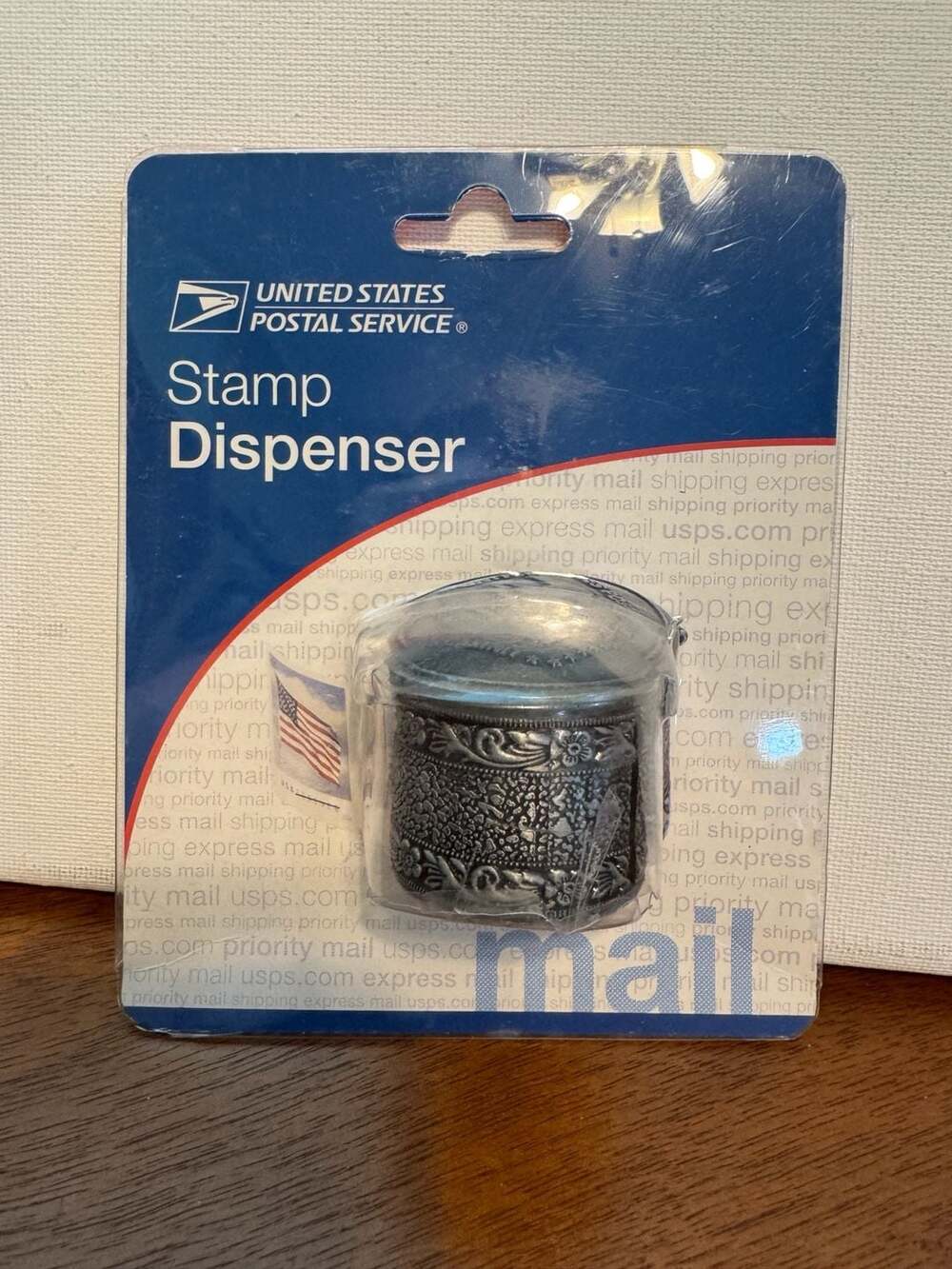 USPS United States Postal Service Metal Stamp Dispenser with Intricate Floral Pa